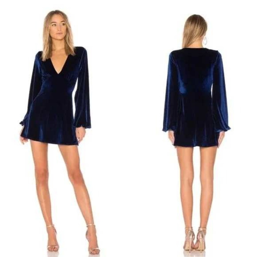 Tularosa Revolve Ryland Dress Mini Aegean‎ Blue Velvet Long Sleeve M Jewel Tone